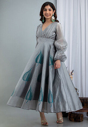 Hand Painted Chanderi Silk Maxi Dress in Grey