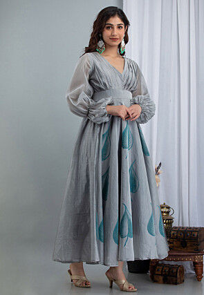 Hand Painted Chanderi Silk Maxi Dress in Grey