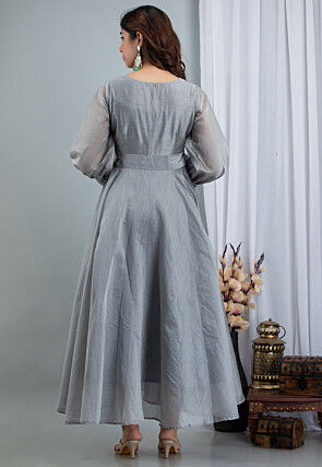 Hand Painted Chanderi Silk Maxi Dress in Grey