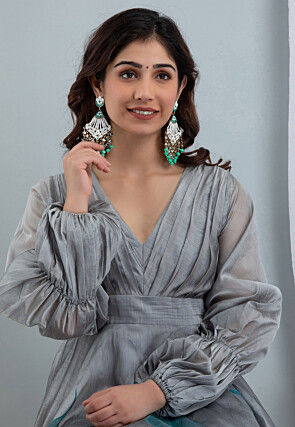 Hand Painted Chanderi Silk Maxi Dress in Grey