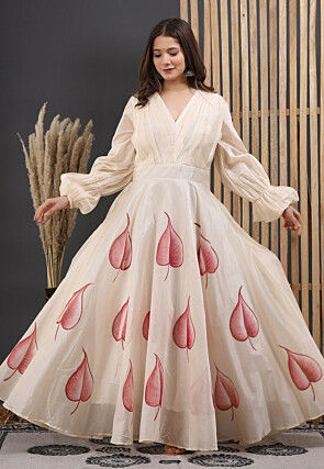 Hand Painted Chanderi Silk Maxi Dress in Off White