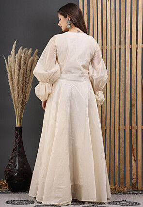 Hand Painted Chanderi Silk Maxi Dress in Off White