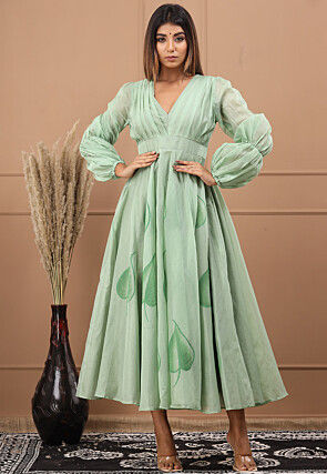Hand Painted Chanderi Silk Maxi Dress in Pastel Green