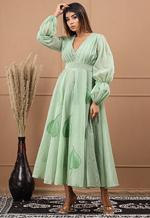 Hand Painted Chanderi Silk Maxi Dress in Pastel Green