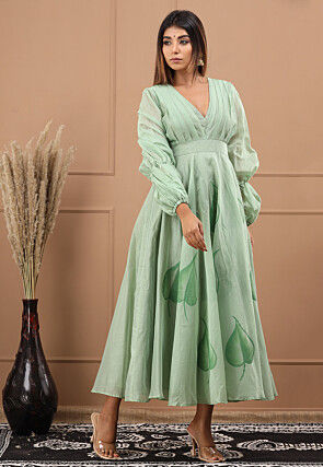 Hand Painted Chanderi Silk Maxi Dress in Pastel Green