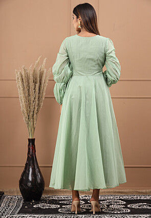 Hand Painted Chanderi Silk Maxi Dress in Pastel Green