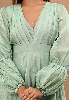 Hand Painted Chanderi Silk Maxi Dress in Pastel Green