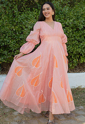 Hand Painted Chanderi Silk Maxi Dress in Peach