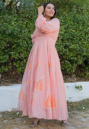 Hand Painted Chanderi Silk Maxi Dress in Peach