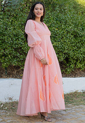 Hand Painted Chanderi Silk Maxi Dress in Peach
