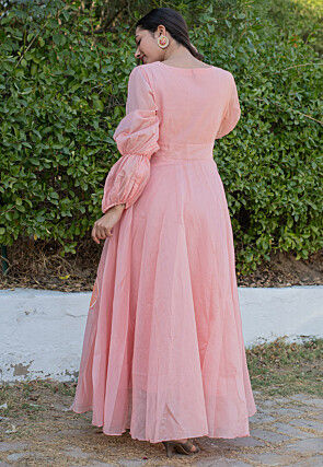 Hand Painted Chanderi Silk Maxi Dress in Peach