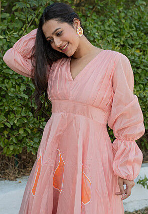 Hand Painted Chanderi Silk Maxi Dress in Peach