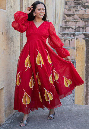 Hand Painted Chanderi Silk Maxi Dress in Red