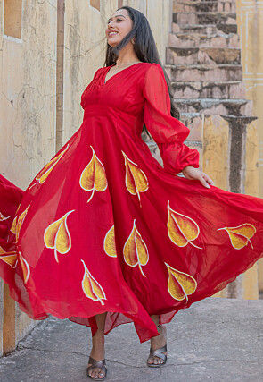 Hand Painted Chanderi Silk Maxi Dress in Red