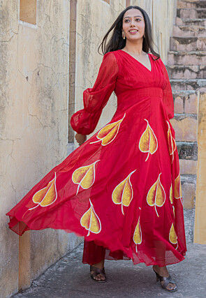 Hand Painted Chanderi Silk Maxi Dress in Red