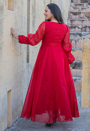 Hand Painted Chanderi Silk Maxi Dress in Red