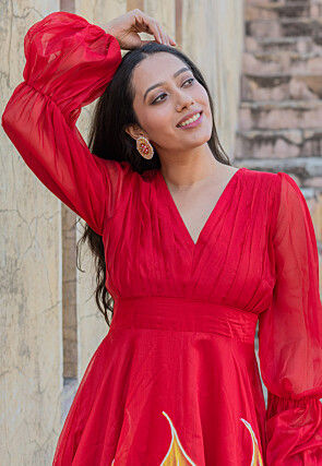 Hand Painted Chanderi Silk Maxi Dress in Red