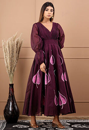 Hand Painted Chanderi Silk Maxi Dress in Wine