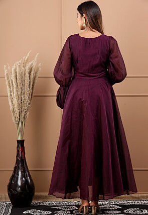 Hand Painted Chanderi Silk Maxi Dress in Wine