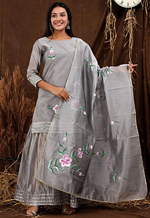 Hand Painted Chanderi Silk Pakistani Suit in Grey