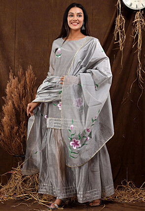 Hand Painted Chanderi Silk Pakistani Suit in Grey