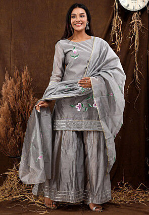 Hand Painted Chanderi Silk Pakistani Suit in Grey