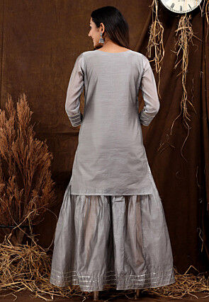 Hand Painted Chanderi Silk Pakistani Suit in Grey