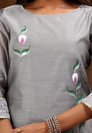 Hand Painted Chanderi Silk Pakistani Suit in Grey
