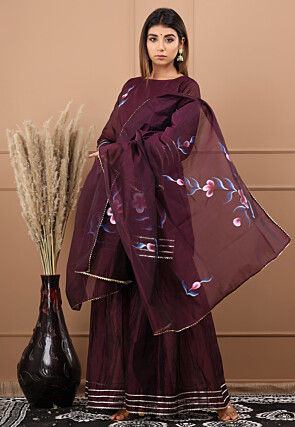 Hand Painted Chanderi Silk Pakistani Suit in Maroon