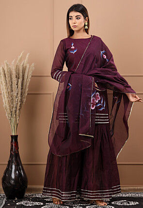 Hand Painted Chanderi Silk Pakistani Suit in Maroon