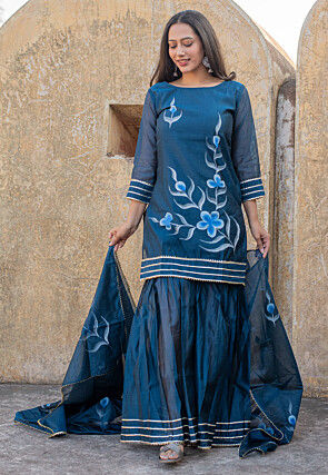 Hand Painted Chanderi Silk Pakistani Suit in Navy Blue