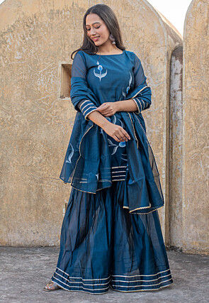 Hand Painted Chanderi Silk Pakistani Suit in Navy Blue