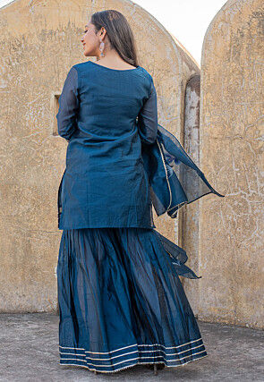 Hand Painted Chanderi Silk Pakistani Suit in Navy Blue