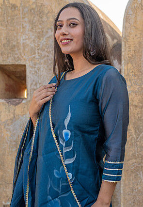 Hand Painted Chanderi Silk Pakistani Suit in Navy Blue