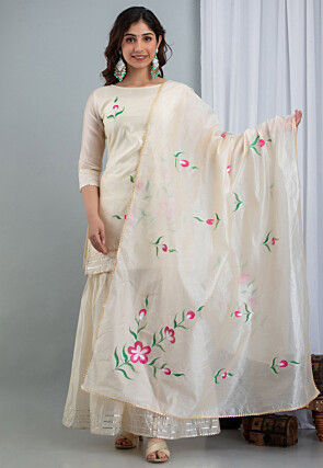 Hand Painted Chanderi Silk Pakistani Suit in Off White