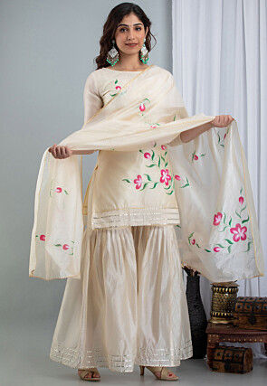 Hand Painted Chanderi Silk Pakistani Suit in Off White