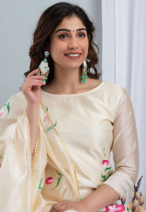 Hand Painted Chanderi Silk Pakistani Suit in Off White