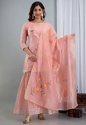 Hand Painted Chanderi Silk Pakistani Suit in Peach