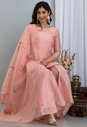 Hand Painted Chanderi Silk Pakistani Suit in Peach