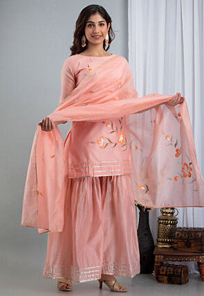 Hand Painted Chanderi Silk Pakistani Suit in Peach