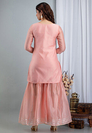 Hand Painted Chanderi Silk Pakistani Suit in Peach