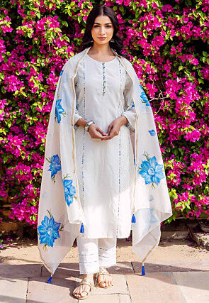 Hand Painted Chanderi Silk Pakistani Suit in White