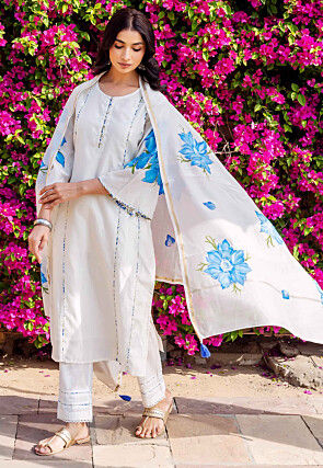 Hand Painted Chanderi Silk Pakistani Suit in White