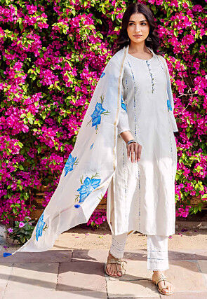 Hand Painted Chanderi Silk Pakistani Suit in White