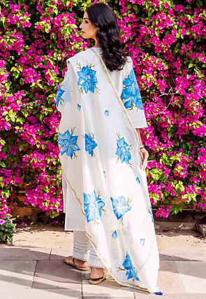 Hand Painted Chanderi Silk Pakistani Suit in White