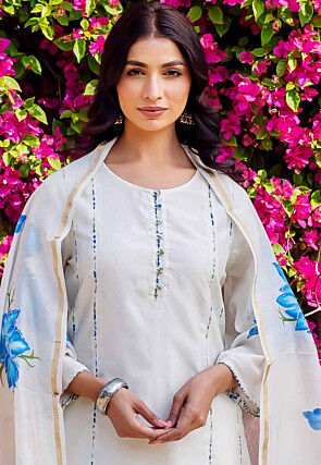 Hand Painted Chanderi Silk Pakistani Suit in White