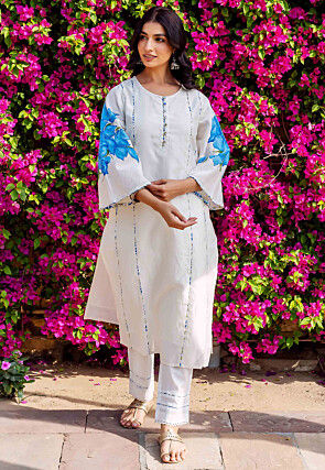 Hand Painted Chanderi Silk Straight Kurta Set in White