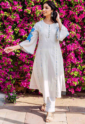 Hand Painted Chanderi Silk Straight Kurta Set in White
