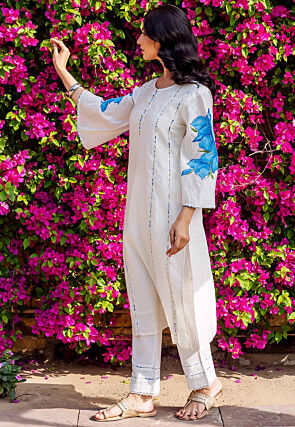 Hand Painted Chanderi Silk Straight Kurta Set in White
