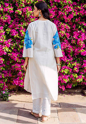 Hand Painted Chanderi Silk Straight Kurta Set in White